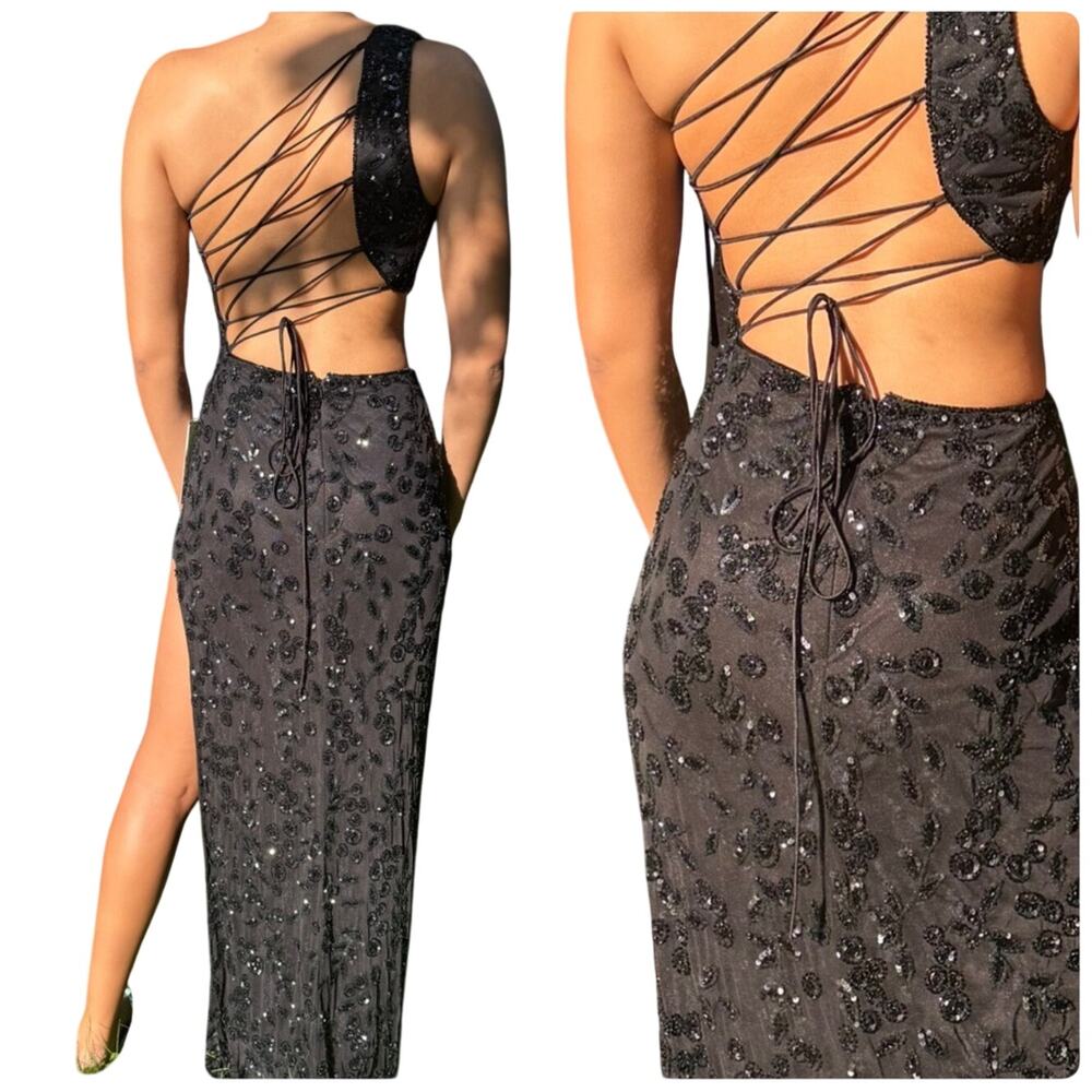 Mac Duggal 6084 Black Strappy One Shoulder Cut Out Sequins Sz8 Prom Gala Wedding - Picture 3 of 4